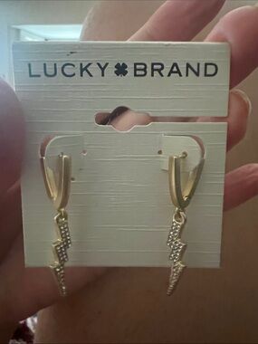Lucky Brand Gold Crystal Lightning Bolt Drop Huggie Earrings
